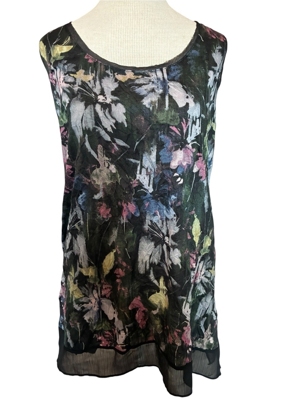 Floral Sheer Layered Sleeveless Top - with frayed lace neckline Black/Multi